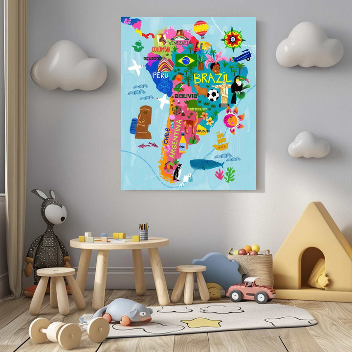 Colorful illustrated South America map canvas with landmarks and wildlife on premium material
