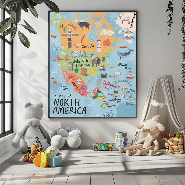 Illustrated North America map canvas with countries, landmarks, and wildlife in playful style for kids' rooms and classrooms
