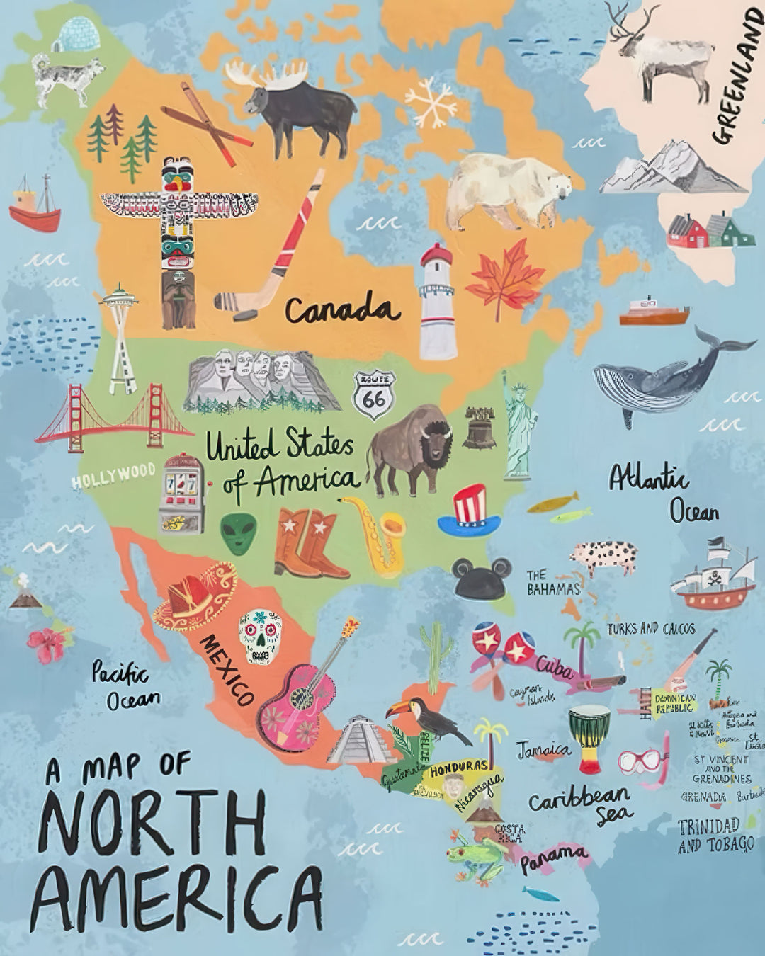 Illustrated North America map canvas with countries, landmarks, and wildlife in playful style for kids' rooms and classrooms