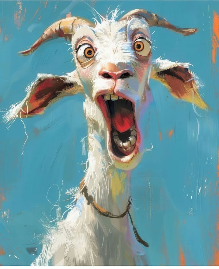 Playful goat expression canvas artwork with vibrant colors and wide-eyed goat portrait