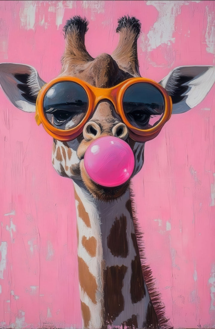 Playful giraffe canvas wall art with sunglasses and bubble gum in modern colorful style