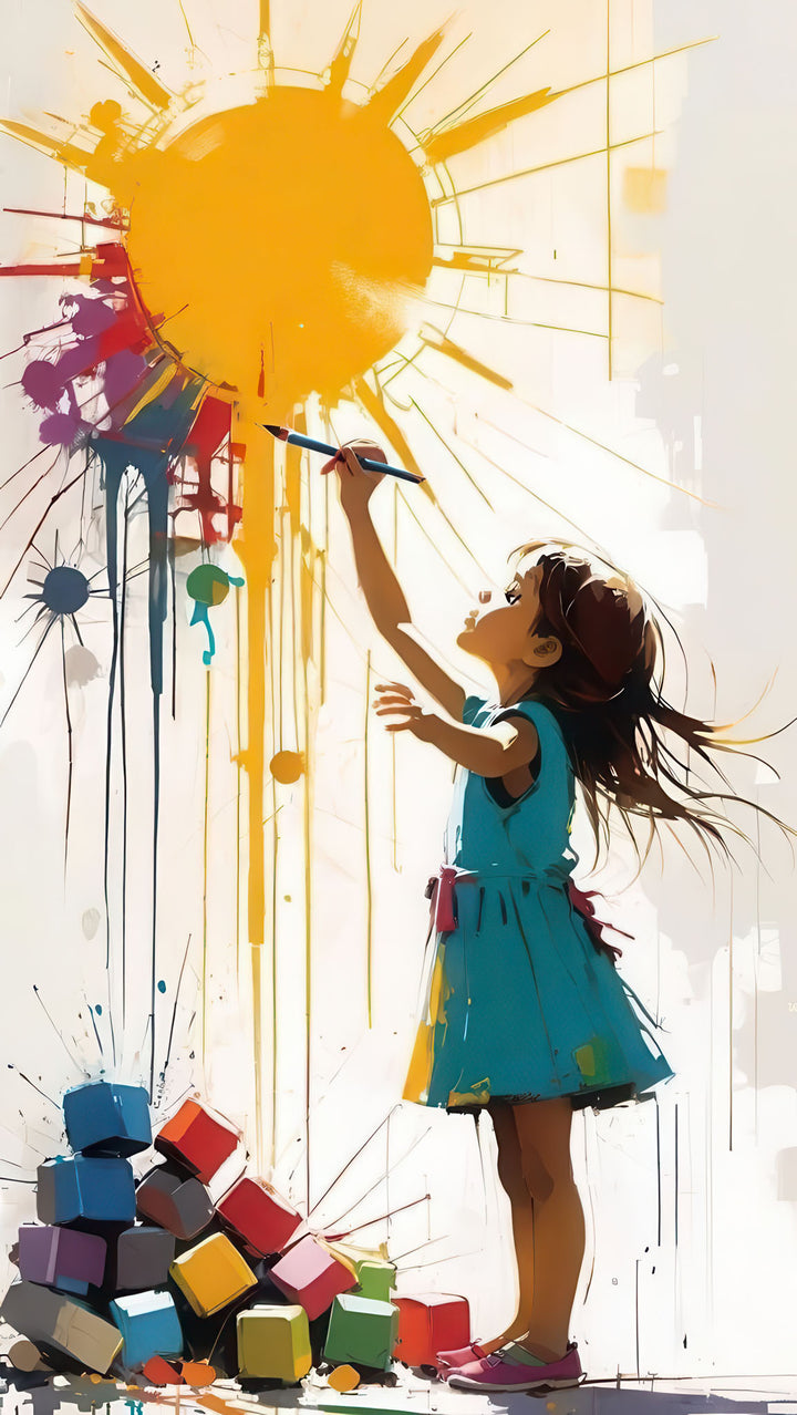 Child painting the sun vibrant canvas art with MDF frame for kids' rooms