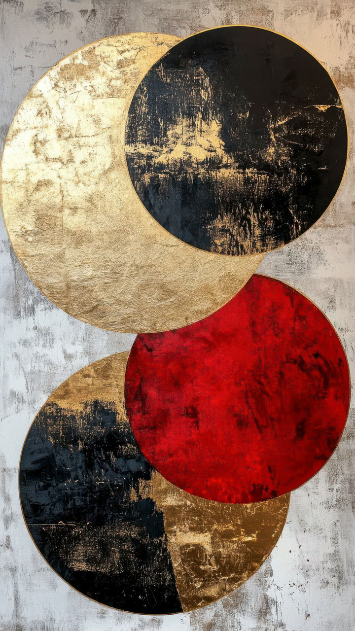 Abstract gold and red circles canvas with black accents on premium material in MDF frame