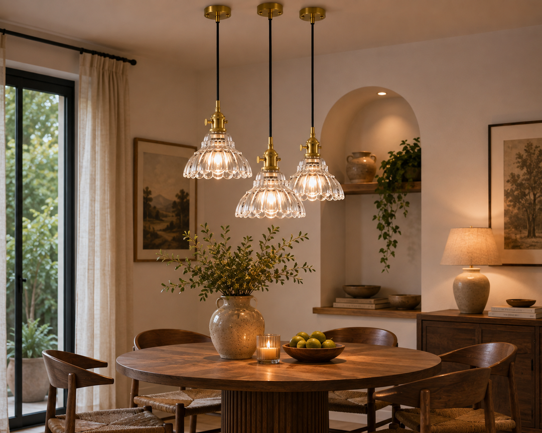 Vintage Green or Clear Ribbed Glass Wall Sconce or Pendant light with Brass Finish