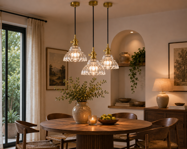 Vintage Green or Clear Ribbed Glass Wall Sconce or Pendant light with Brass Finish