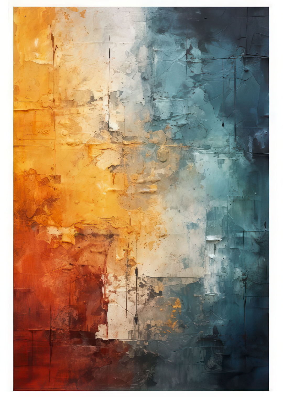 Abstract warm and cool canvas art with bold orange and blue tones in MDF frame
