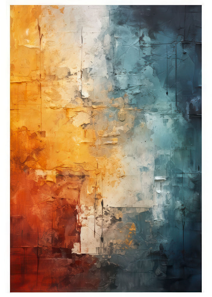 Abstract warm and cool canvas art with bold orange and blue tones in MDF frame