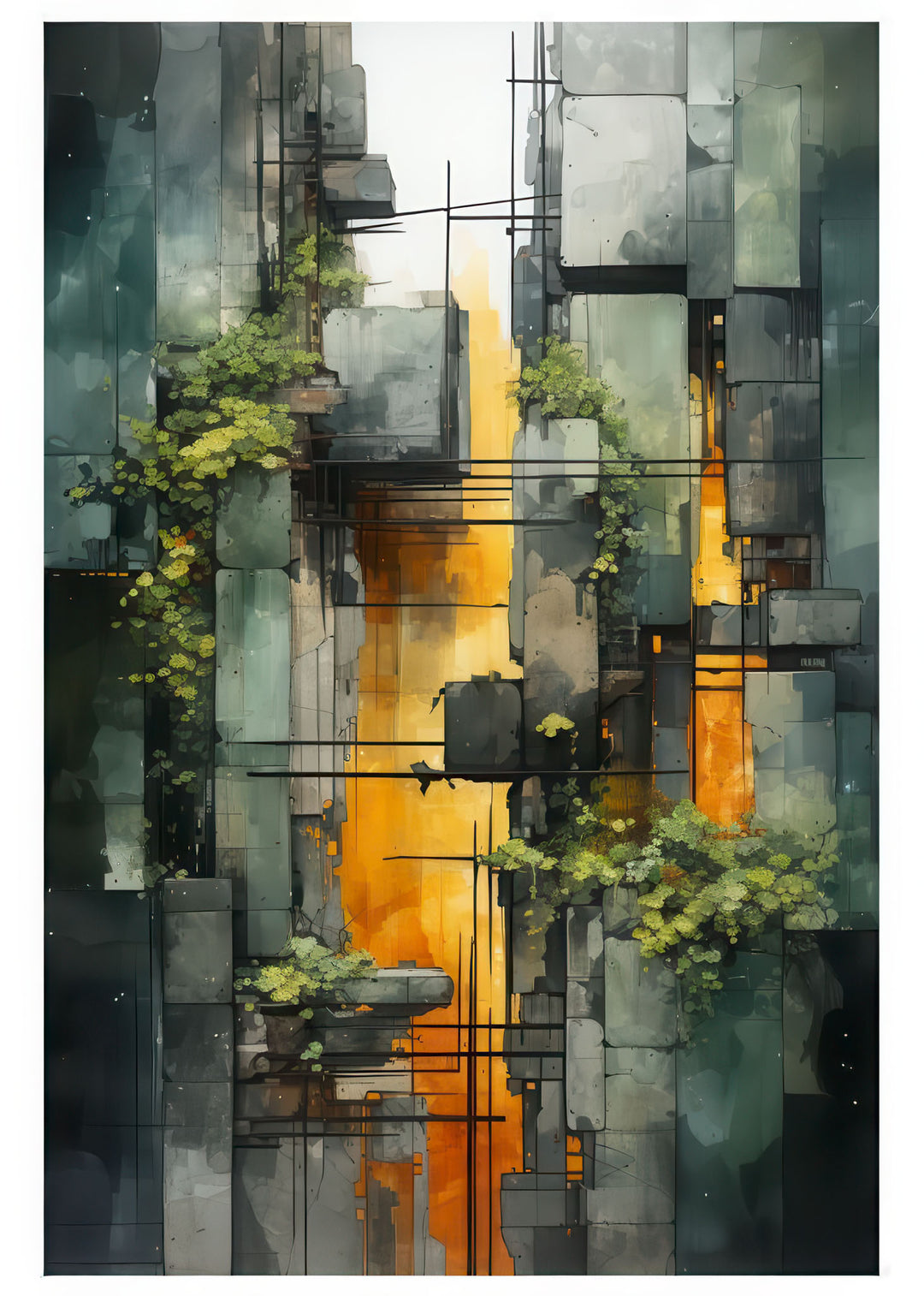 Industrial abstract vertical canvas with deep green and amber urban textures in MDF frame