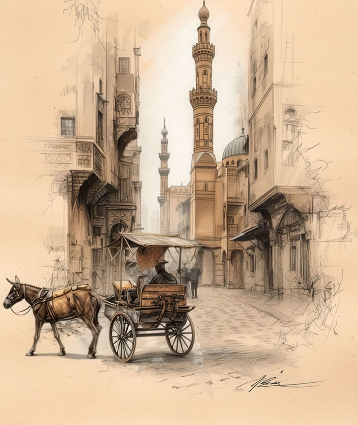 Elegant Historic Cairo Street Canvas art with traditional architecture and MDF frame