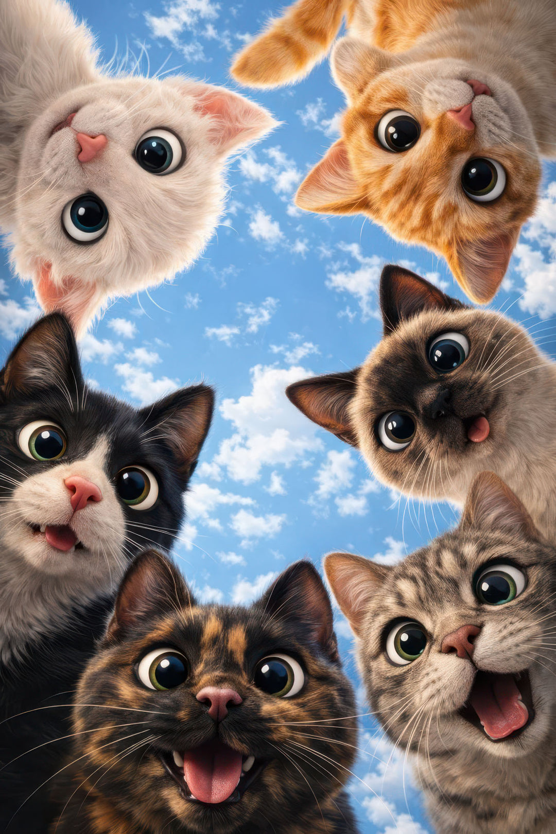 Cute cats group canvas artwork with expressive cats against bright sky on premium, water-resistant canvas