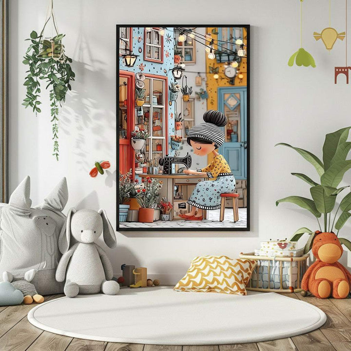 Whimsical Sewing Girl Canvas