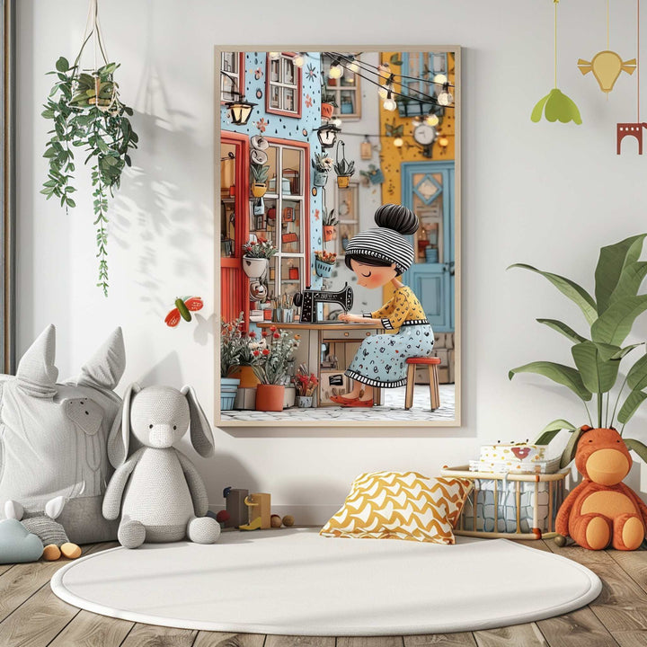 Whimsical Sewing Girl Canvas