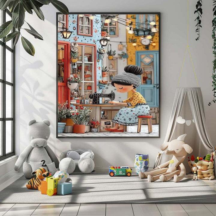 Whimsical sewing girl illustrated on colorful canvas with MDF frame and glass front panel