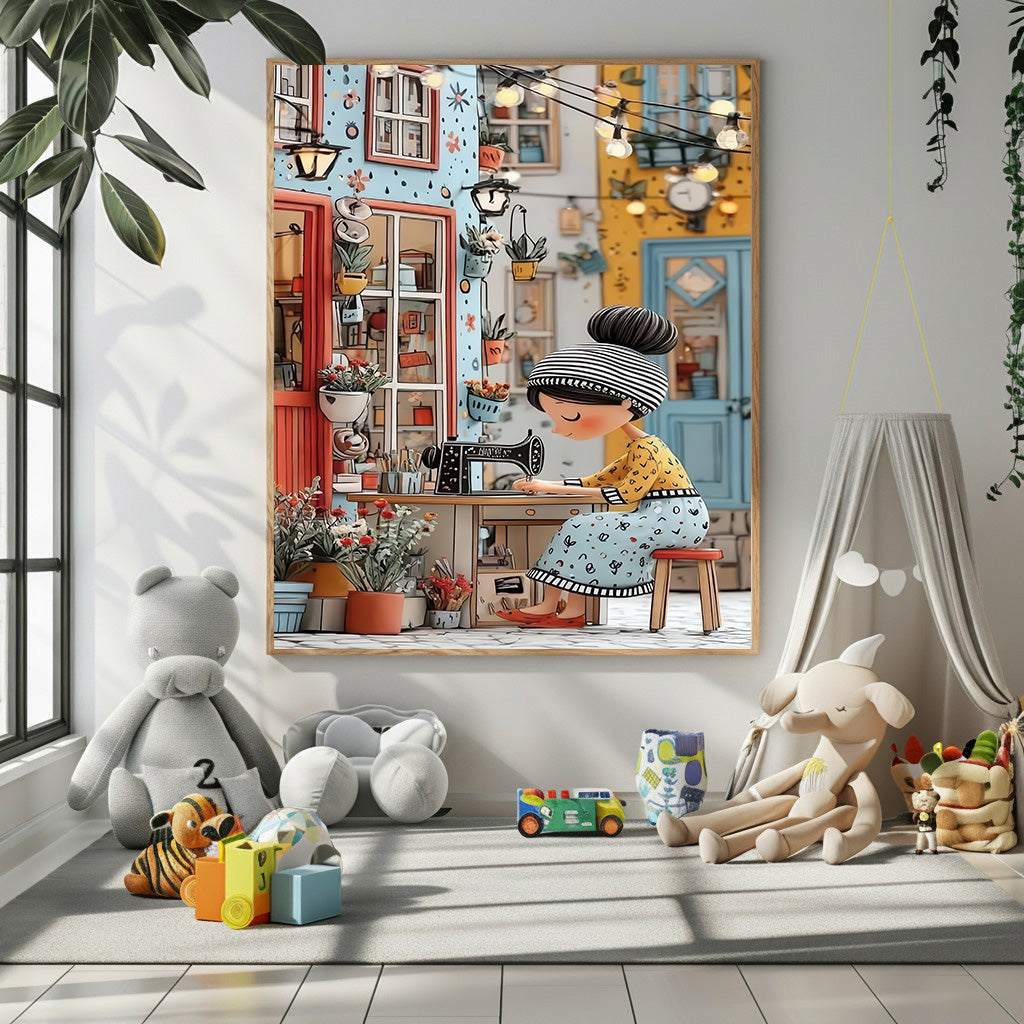 Whimsical Sewing Girl Canvas