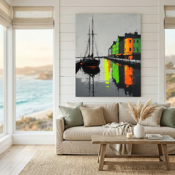 Harbor Reflections Canvas showing colorful buildings reflected on calm water with MDF frame and glass front panel