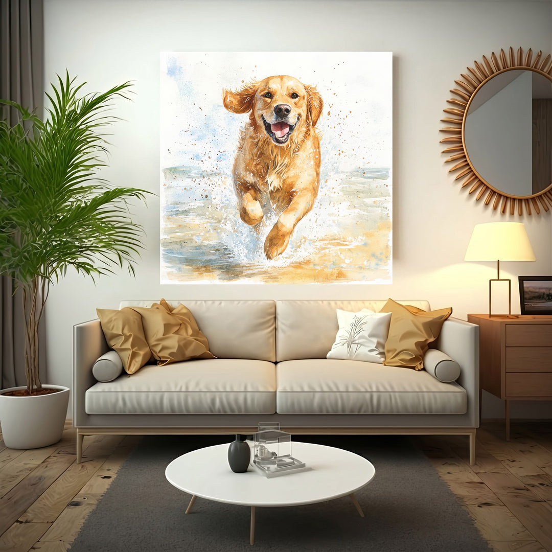 Happy dog running on beach water watercolor canvas with MDF frame and glass front panel