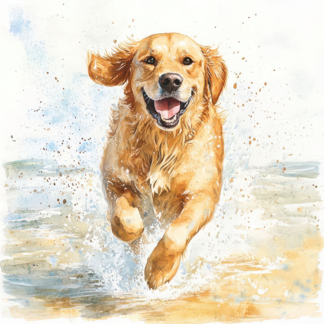 Happy dog running on beach water watercolor canvas with MDF frame and glass front panel