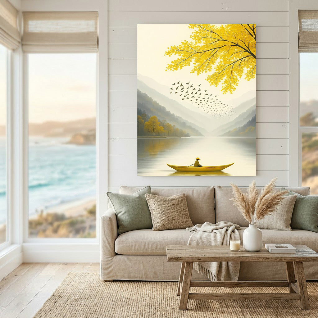 Minimalist peaceful lake boat canvas with autumn tones in MDF frame and glass front