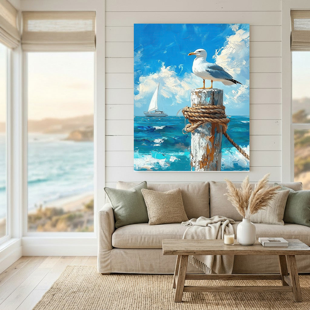 Seagull perched on ocean waves canvas print with MDF frame and glass front panel
