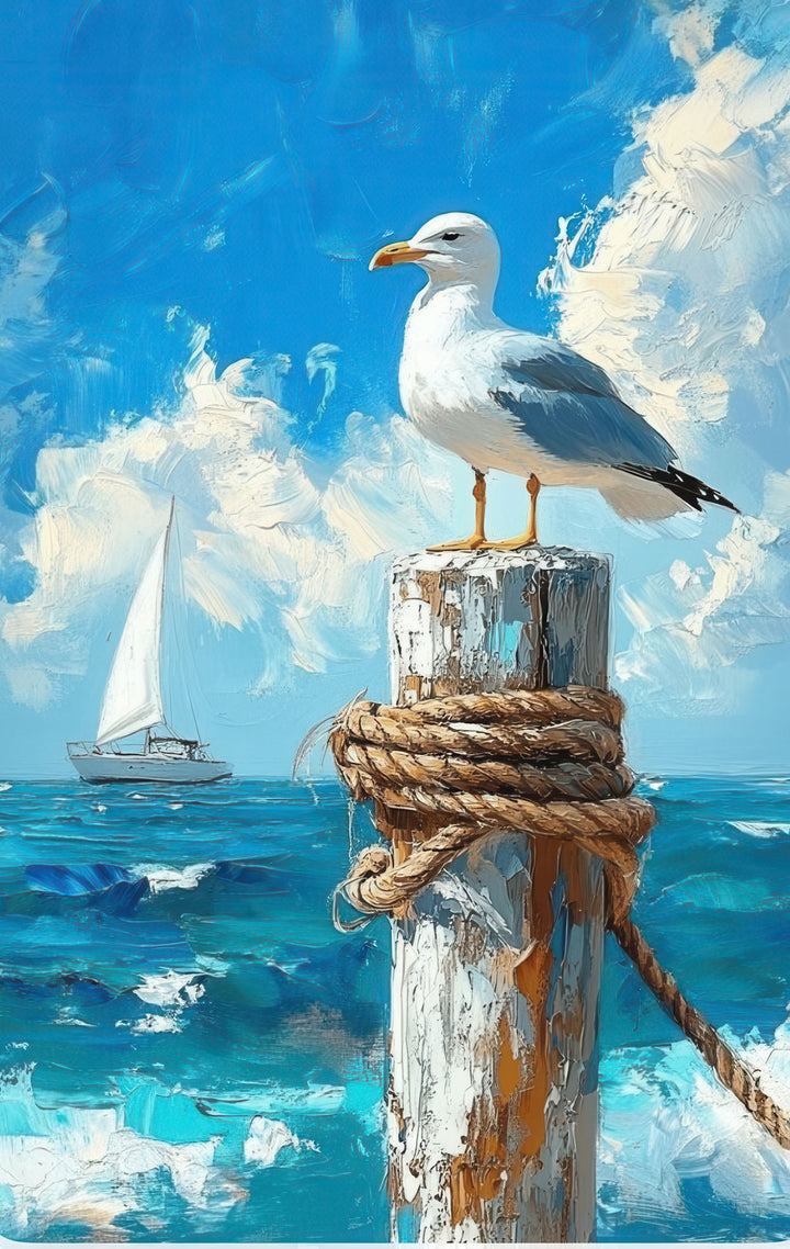 Seagull perched on ocean waves canvas print with MDF frame and glass front panel
