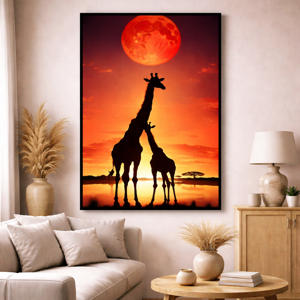 Giraffes Under Red Moon Canvas