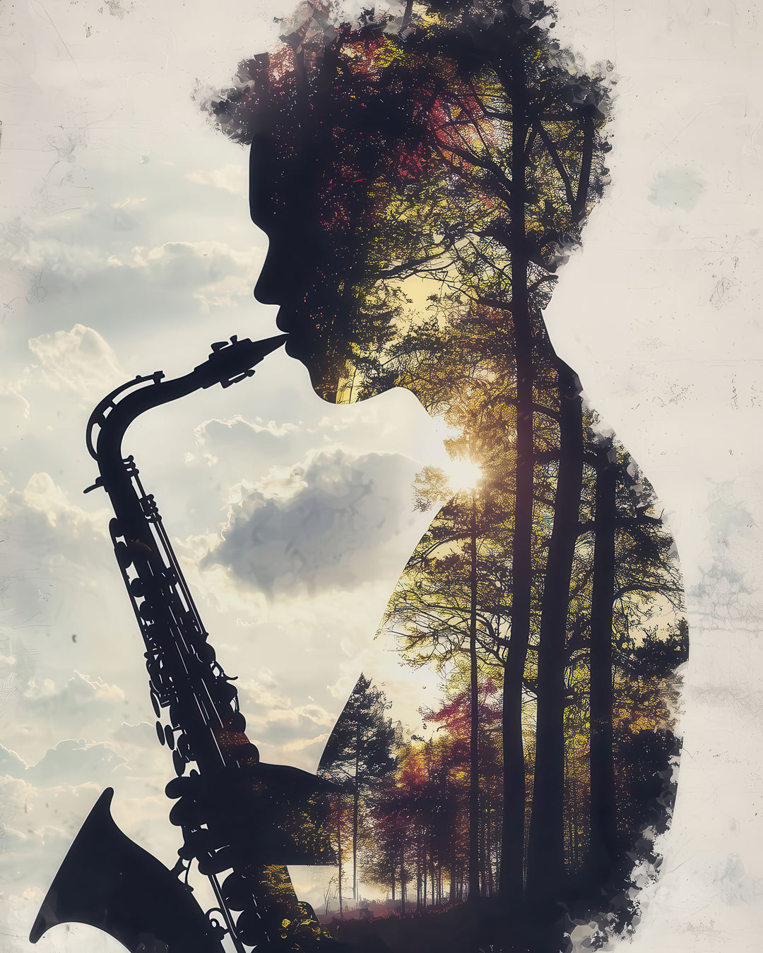 Saxophone silhouette art canvas with forest landscape and MDF frame