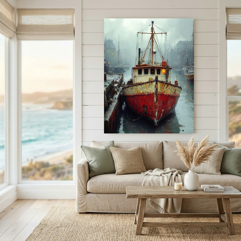 Harbor fishing boat canvas painting on textured premium canvas with MDF frame and glass front panel