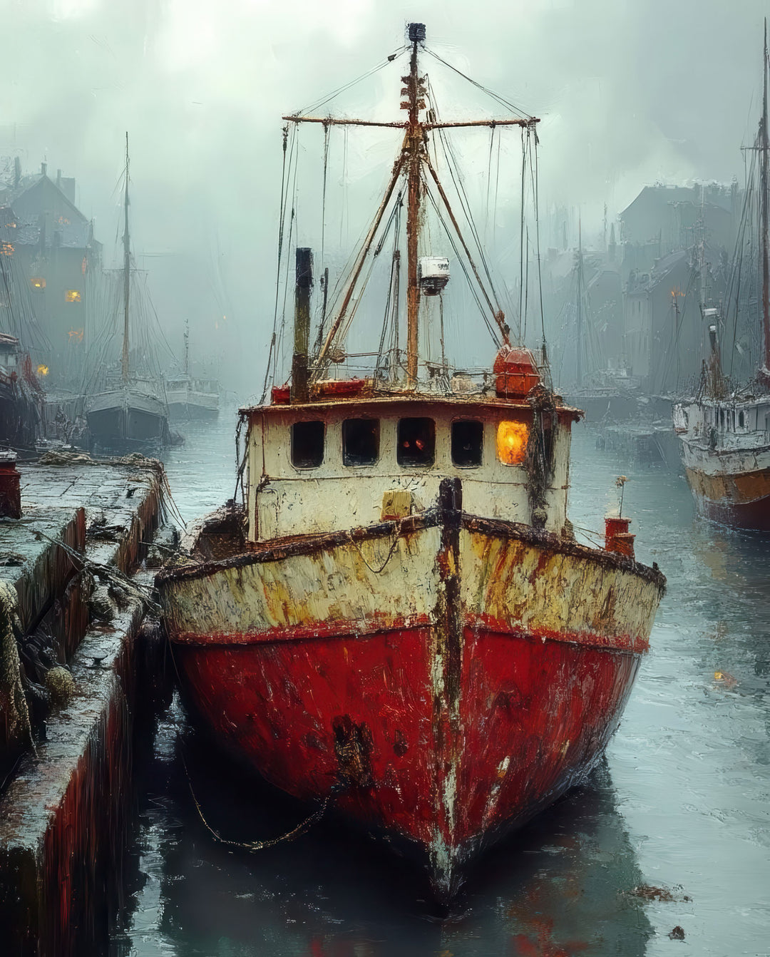 Harbor fishing boat canvas painting on textured premium canvas with MDF frame and glass front panel