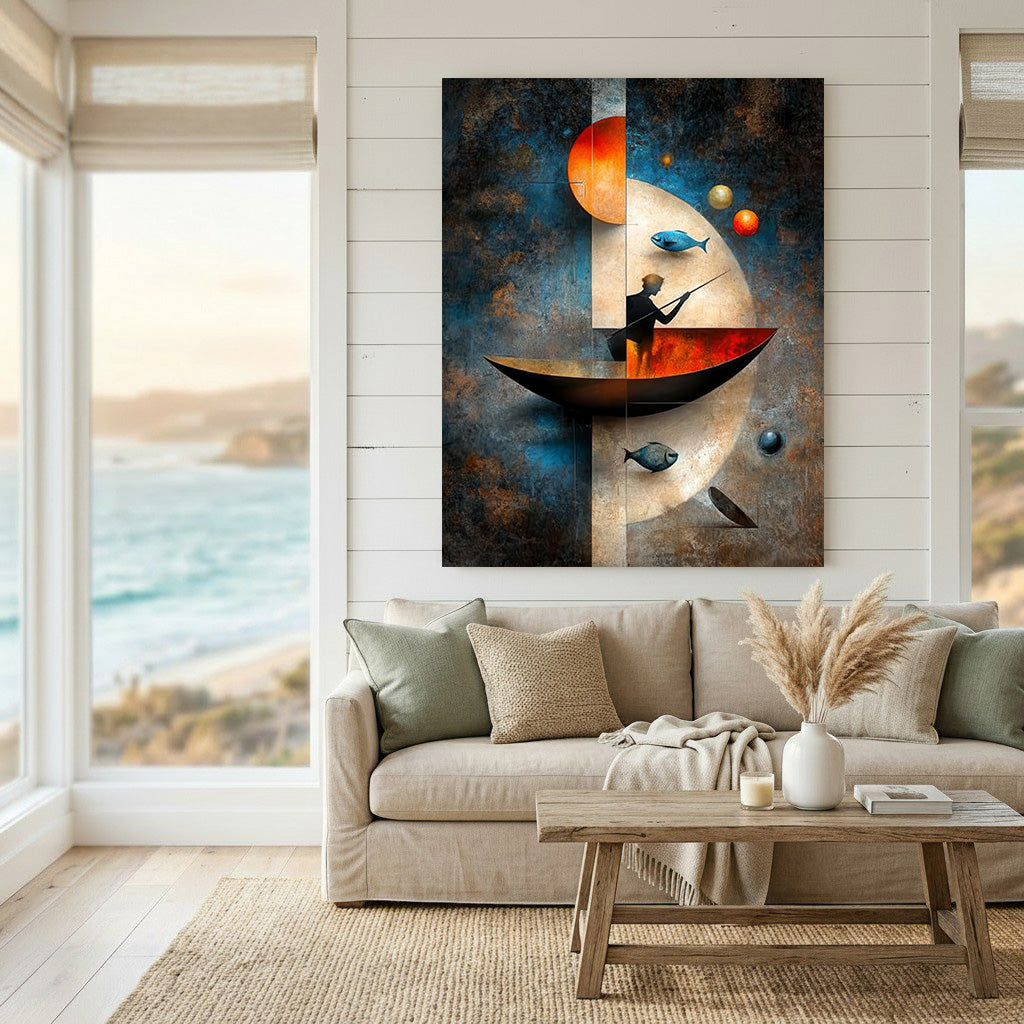 Surreal fisherman moon canvas with floating fish and celestial elements on premium MDF frame