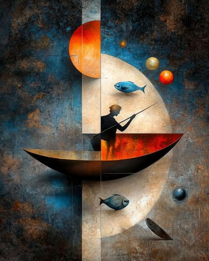 Surreal fisherman moon canvas with floating fish and celestial elements on premium MDF frame