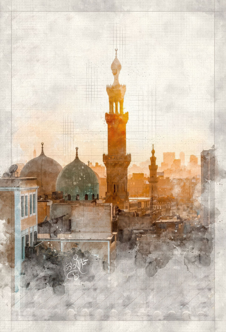 City mosque skyline canvas watercolor cityscape at dawn with MDF frame and glass front