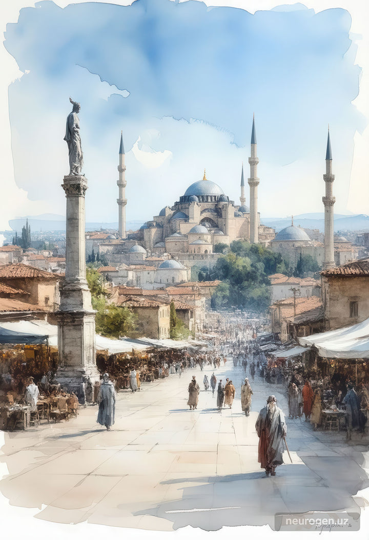 Watercolor of historic market street leading to grand mosque on premium canvas with MDF frame