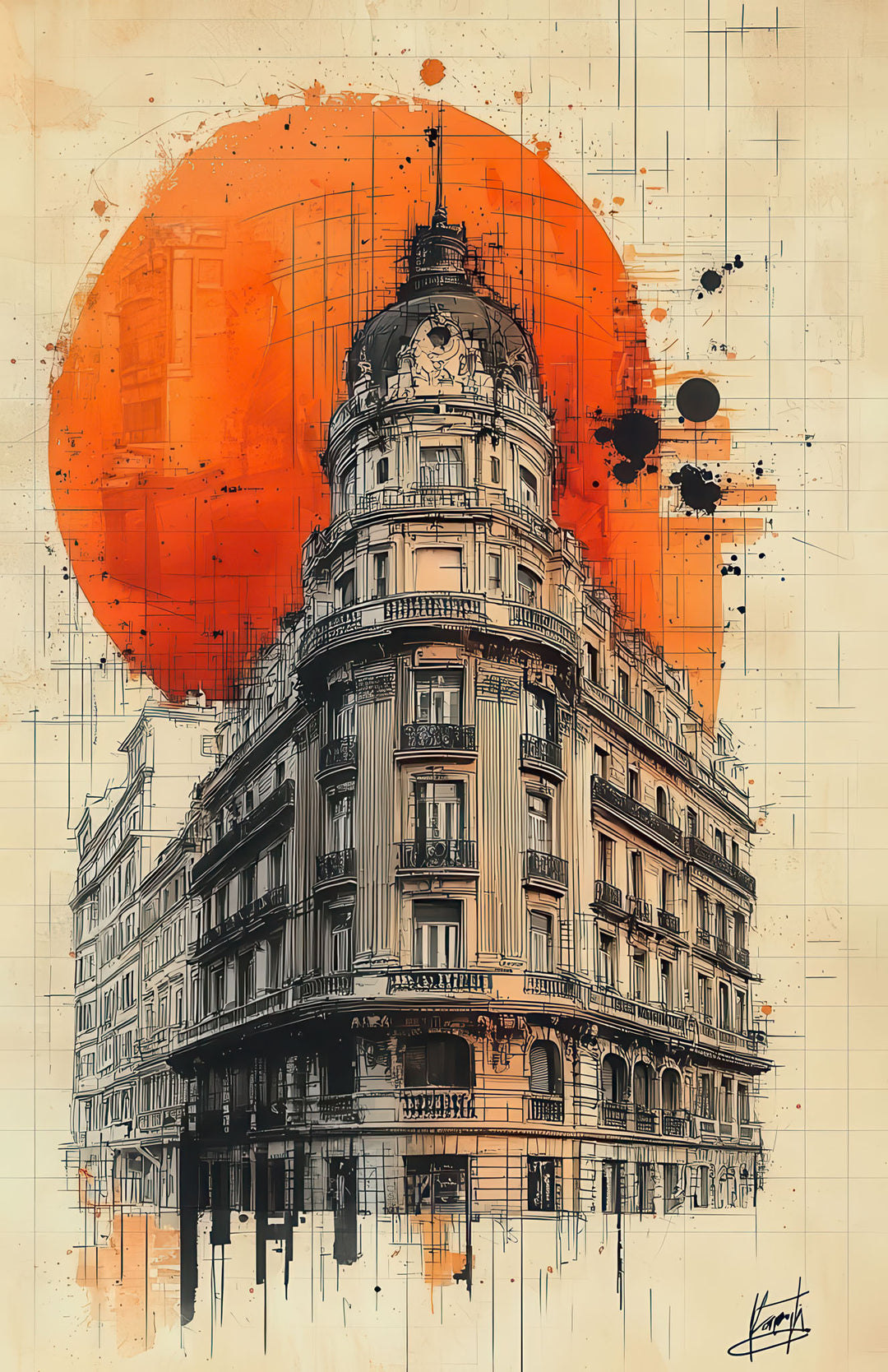 Stylized Urban Landmark artwork on premium canvas with bold orange accents in MDF frame
