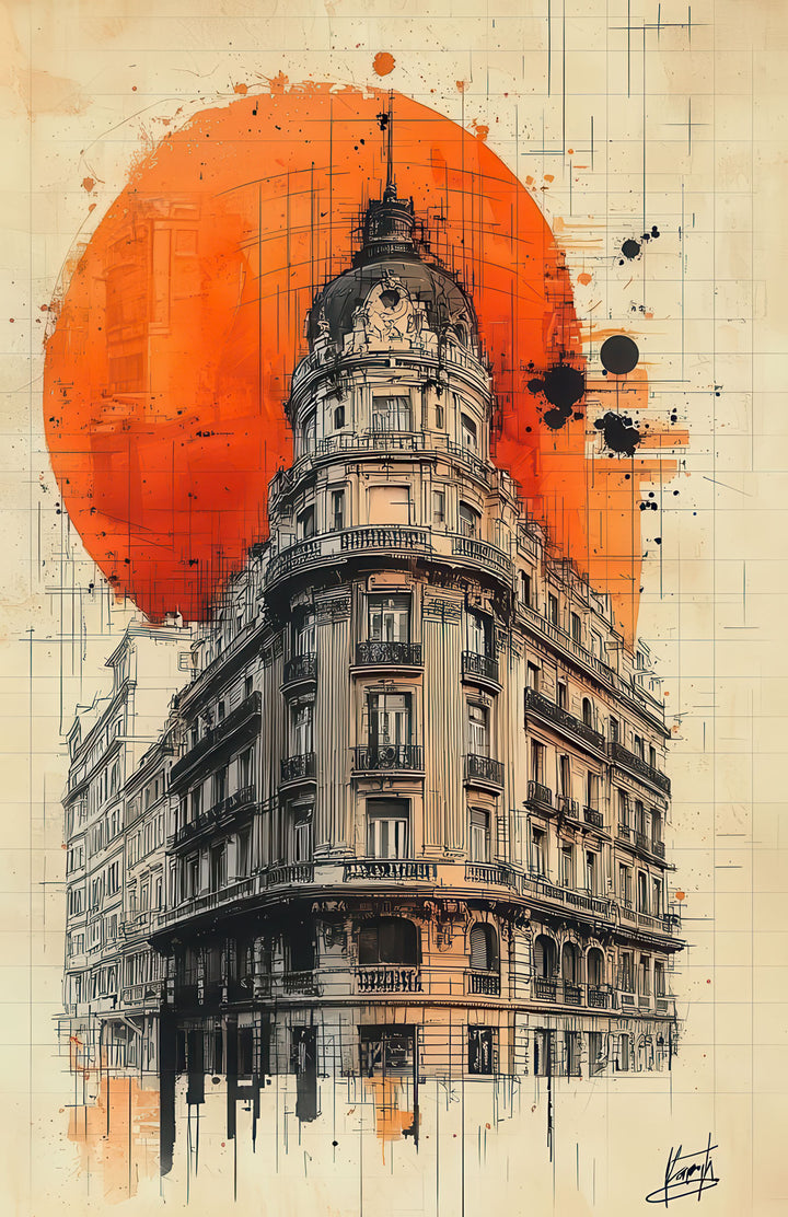 Stylized Urban Landmark artwork on premium canvas with bold orange accents in MDF frame