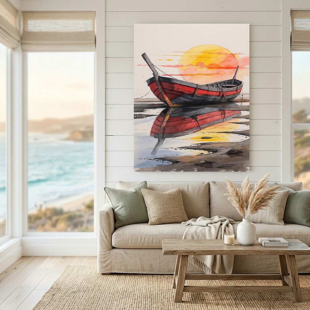 Minimalist canvas of a wooden boat reflected on calm water at sunset with MDF frame and glass front
