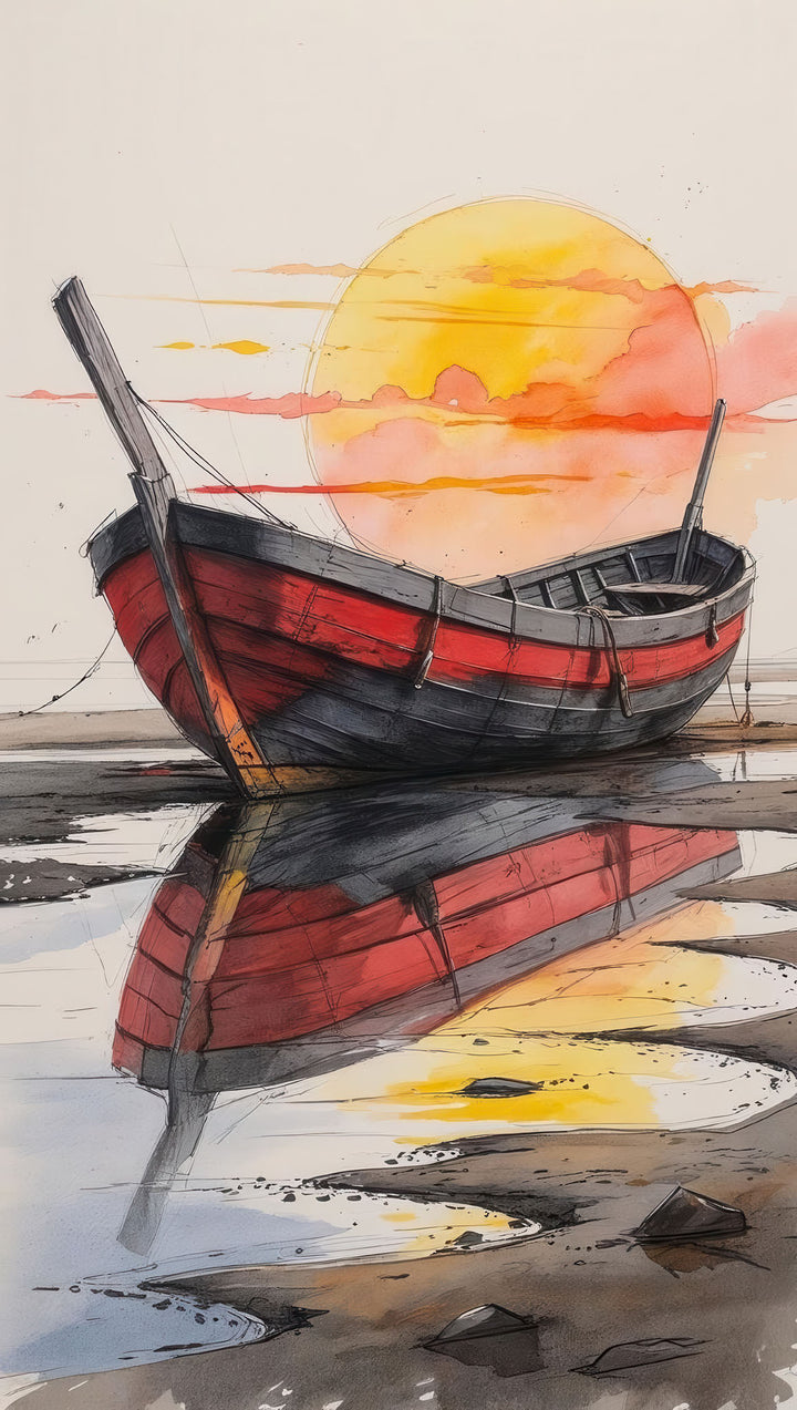 Minimalist canvas of a wooden boat reflected on calm water at sunset with MDF frame and glass front