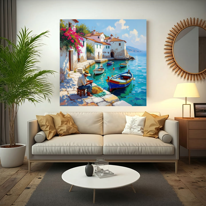 Mediterranean harbor life canvas with boats, white houses, and clear blue waters on premium canvas in MDF frame
