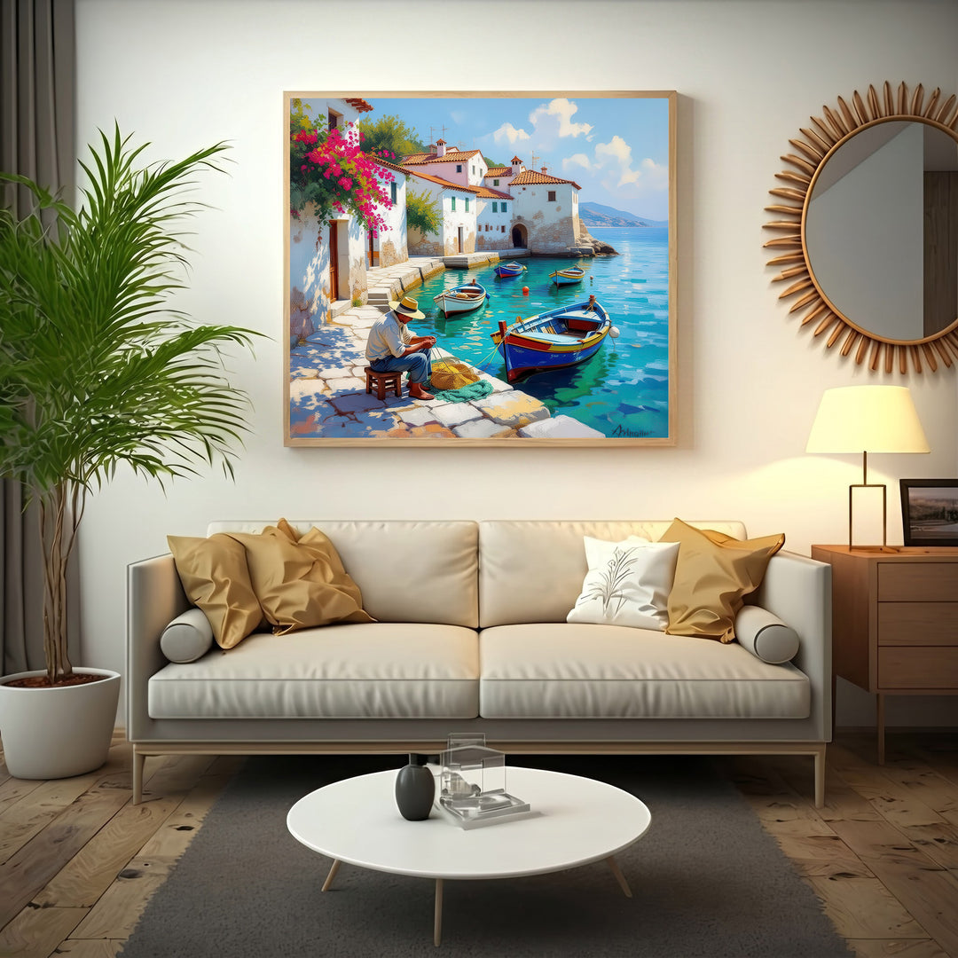 Mediterranean Harbor Life Canvas - Vibrant Coastal Village...