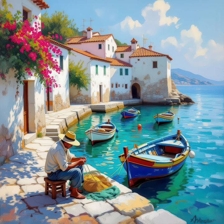 Mediterranean harbor life canvas with boats, white houses, and clear blue waters on premium canvas in MDF frame