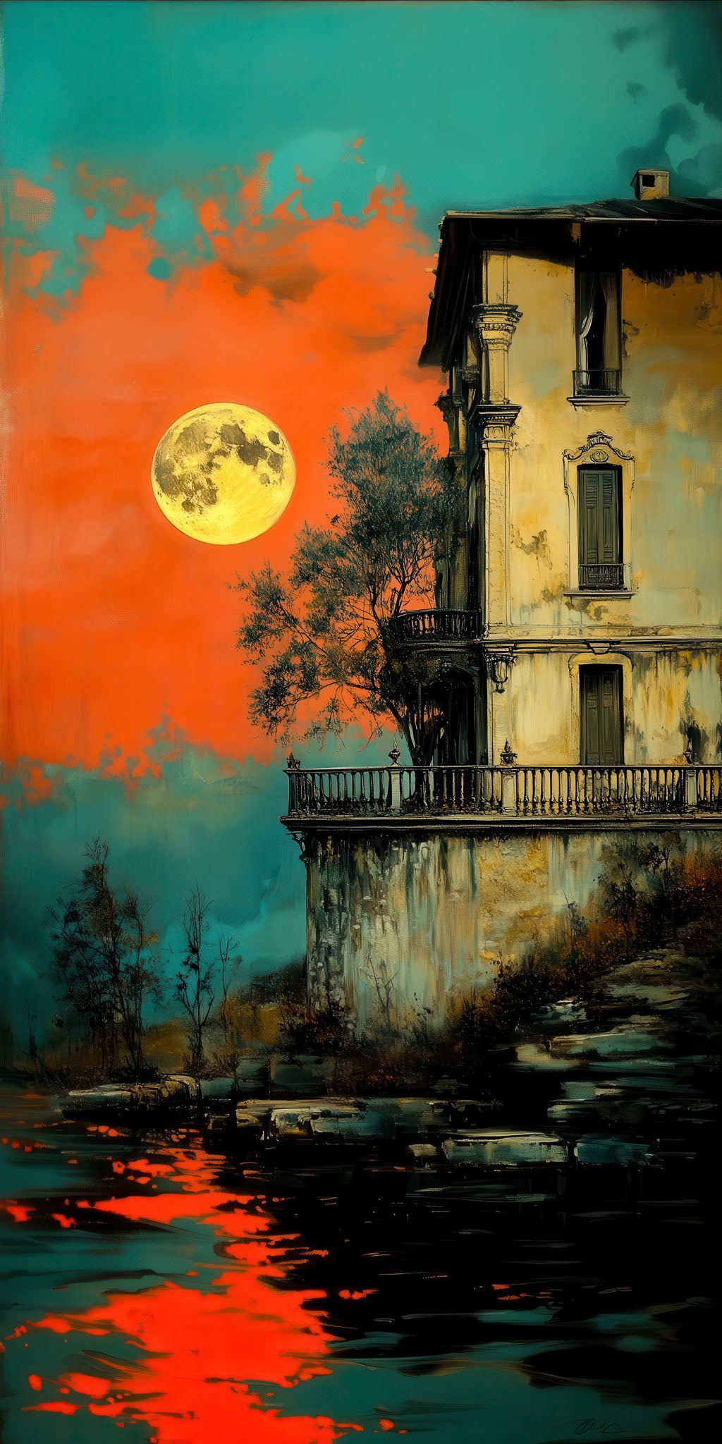 Moonlit waterfront house illuminated at night with reflective water canvas artwork