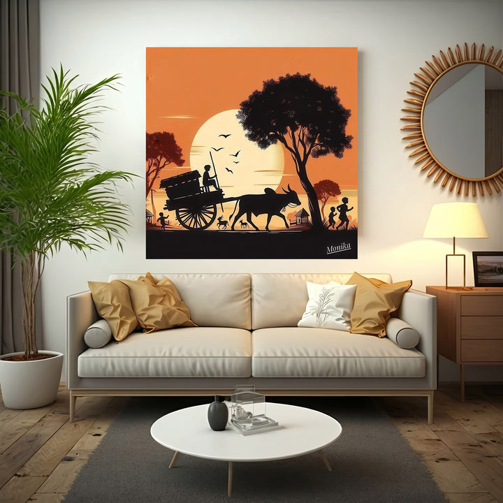 Warm sunset village cart silhouette canvas with MDF frame and glass front panel