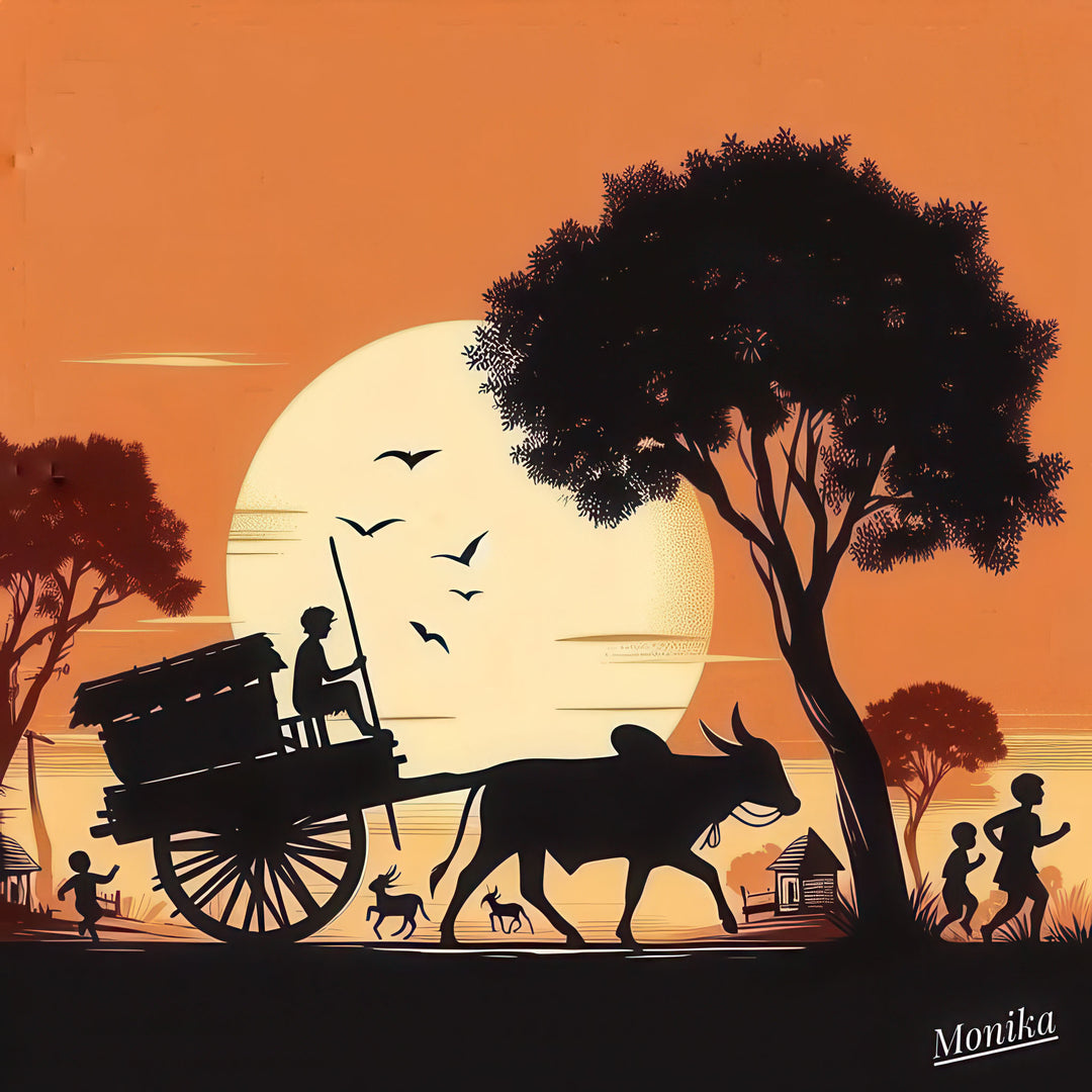 Warm sunset village cart silhouette canvas with MDF frame and glass front panel