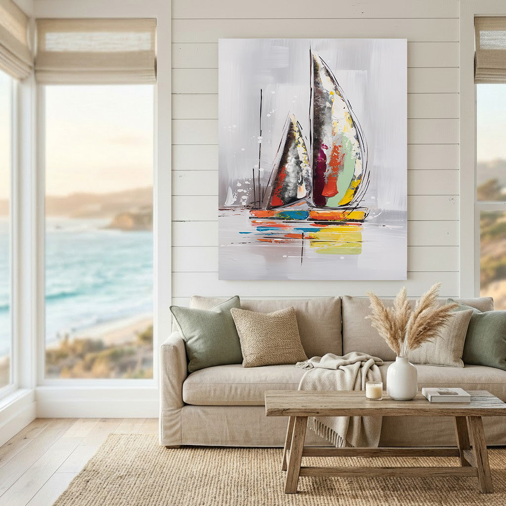 Colorful abstract sailboats reflection on calm water canvas with MDF frame and glass front panel