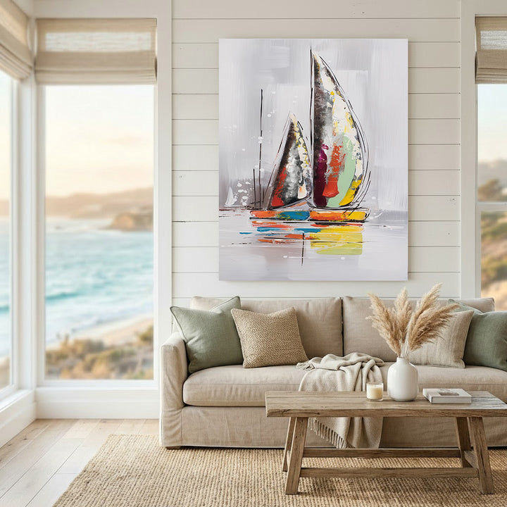 Colorful abstract sailboats reflection on calm water canvas with MDF frame and glass front panel