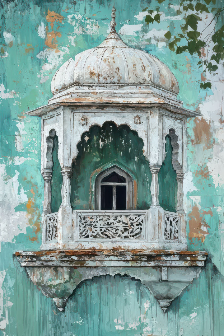 Vintage balcony architecture illustration on textured canvas with MDF frame and glass front panel