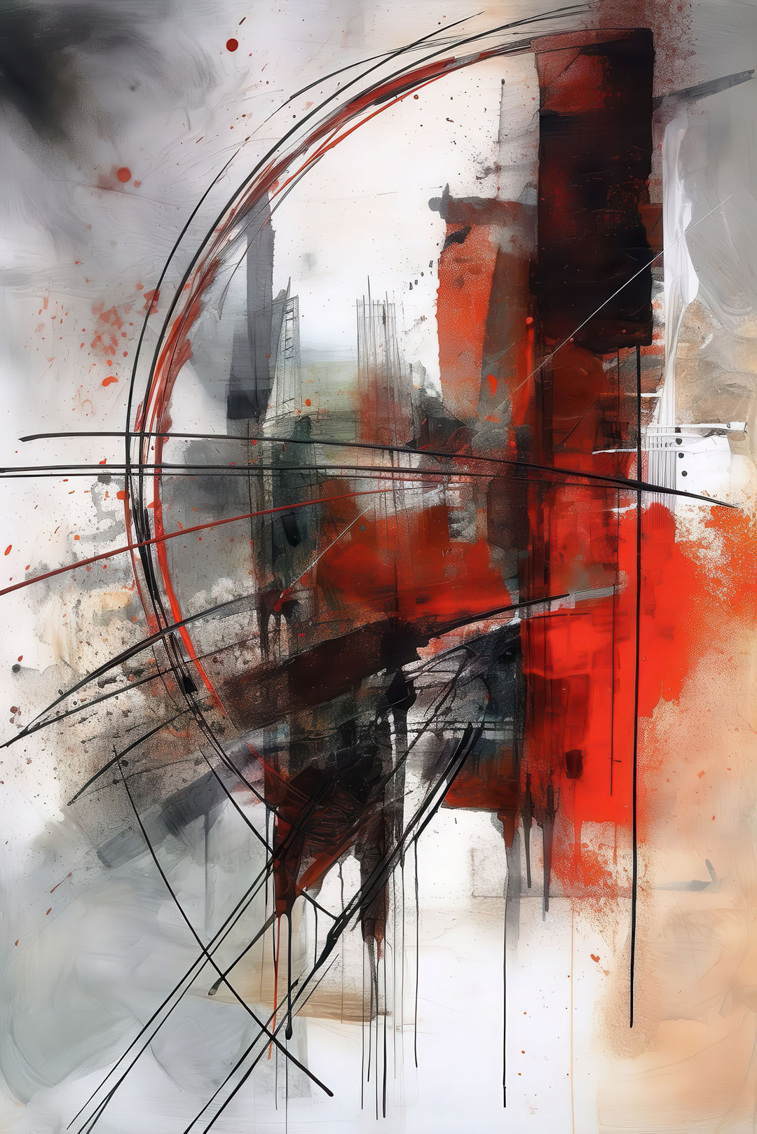 Abstract red motion canvas art with bold black brush strokes in MDF frame