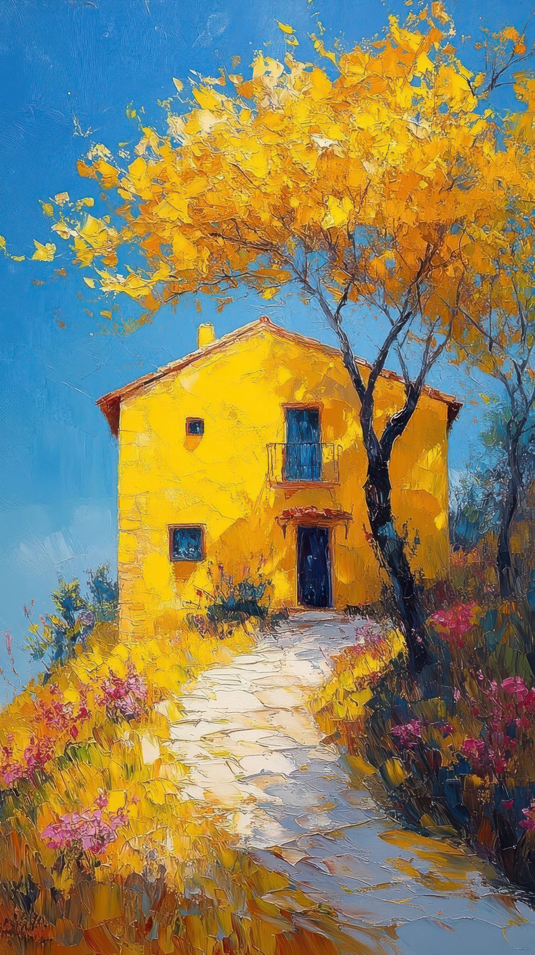 Yellow house landscape painting on textured canvas with autumn trees and MDF frame