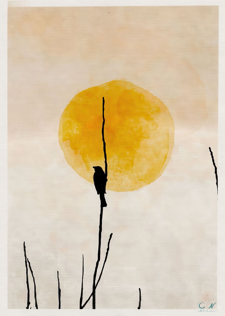 Minimal bird silhouette at golden sunset on premium canvas with MDF frame