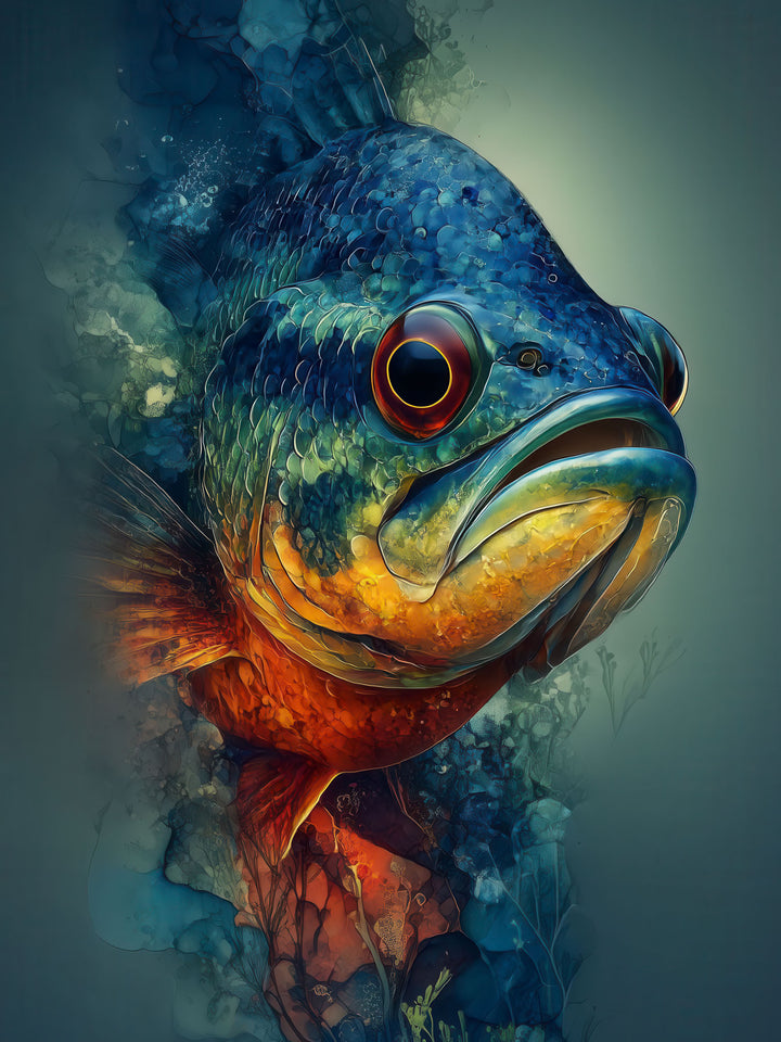 Colorful fish portrait artwork on premium canvas with MDF frame and glass front