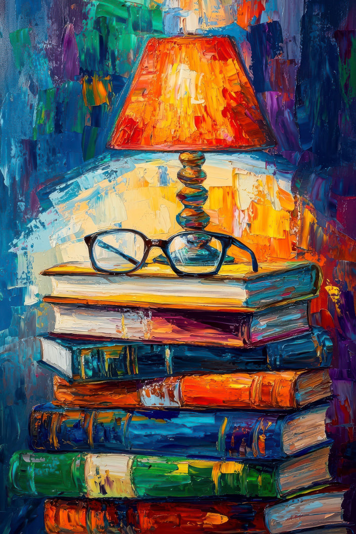 Artistic still life of stacked books and glowing lamp on premium canvas with MDF frame and glass panel
